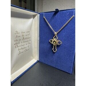 Nativity Cross Holy Land Relic Israel Bethlehem Gold Tone Necklace 14 Point Star